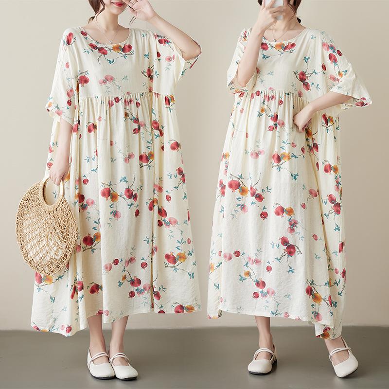 Summer New Mori Large Size Short-sleeved Dress Women Loose Casual Printed Long Skirt