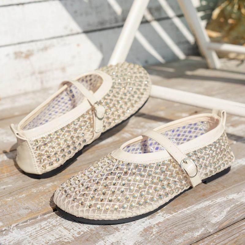 Large Size Mesh Rhinestone Sandals Women's Summer New One-word Buckle Fashion Casual Single Shoes Breathable Mesh Shoes