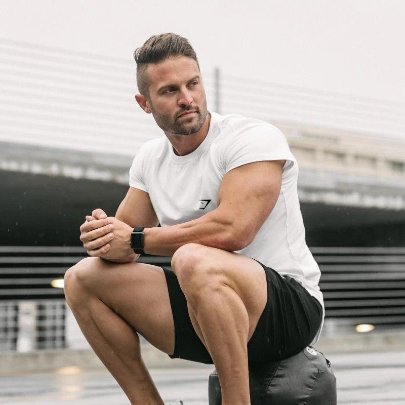 Men's Muscle Shark Elastic Sports T-Shirt: Round Neck, Short Sleeve for Bodybuilding, Running, Training, and Basketball.