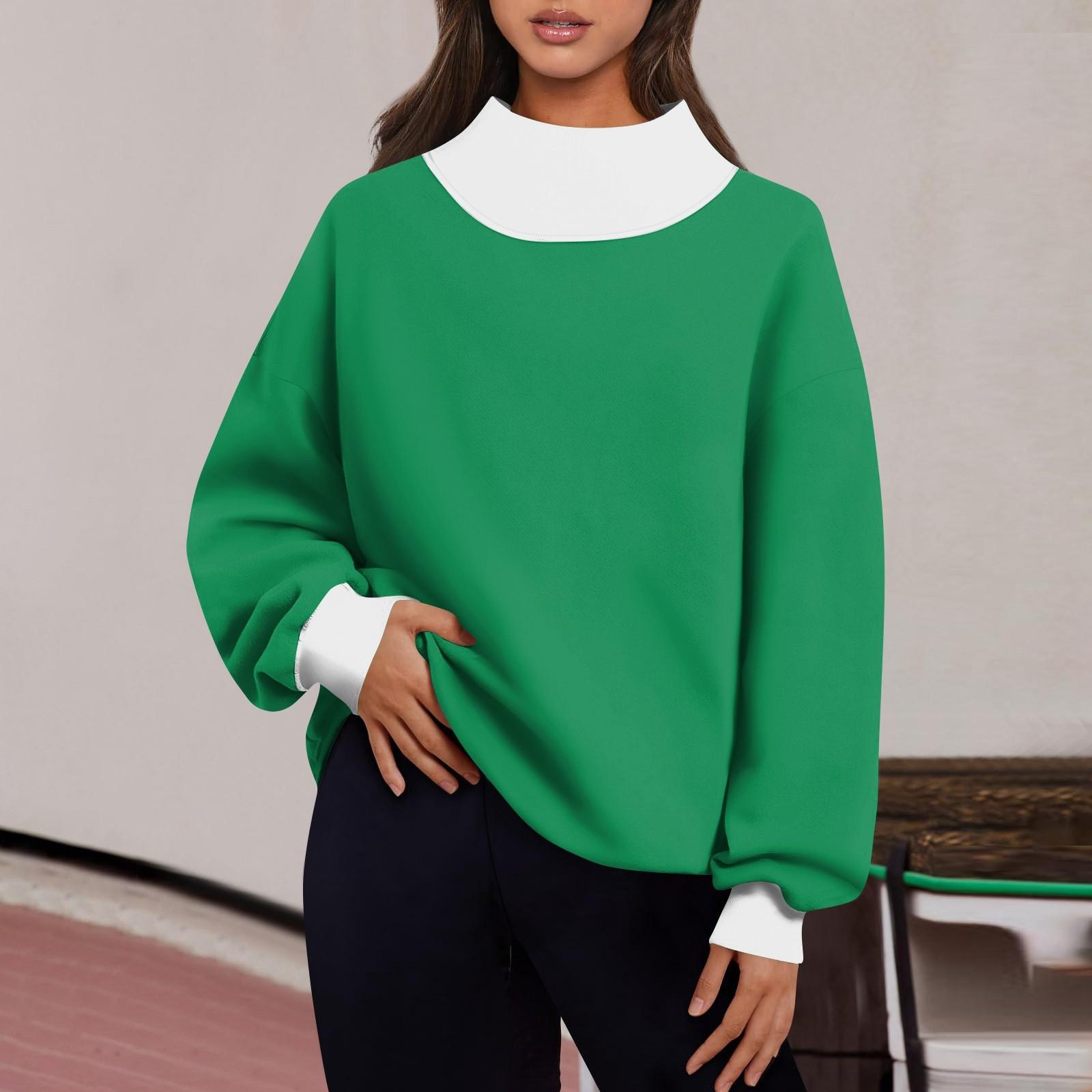 

Женская мода с длинным рукавом и цветными блоками, свободная водолазка с разрезом и половиной водолазки, топ XL зелёный