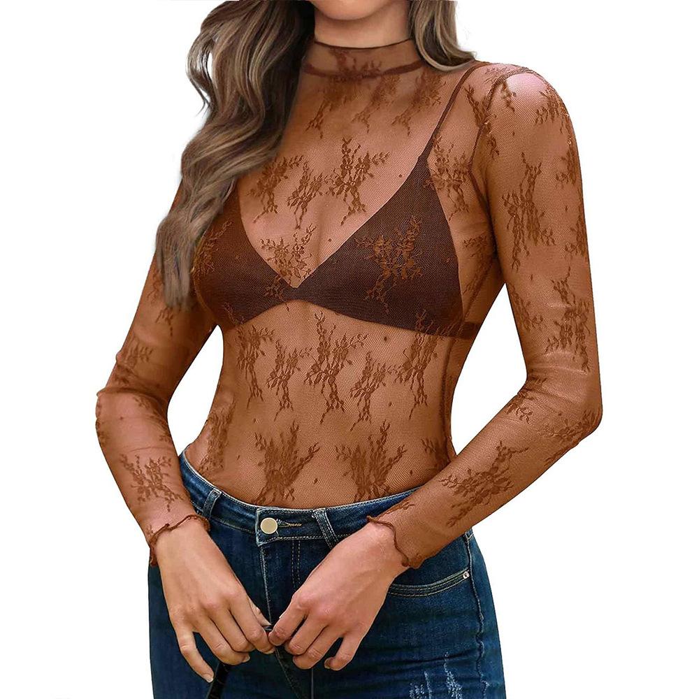 Women S Sexy Y2k Sheer Mesh Long Sleeve T Shirt Half High Neck Slim Fit