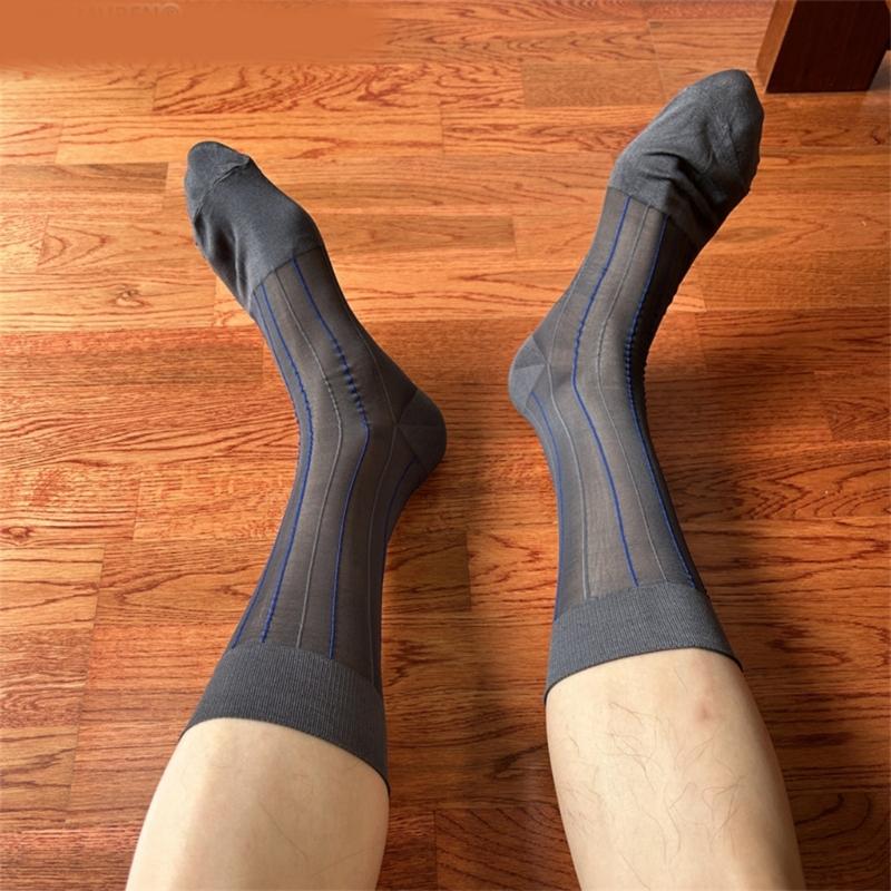 Mens Thin Dress Socks Silk Sheer Business Socks Contrast Color Ribbed Striped Pattern Middle Calf Socks for Formal Event