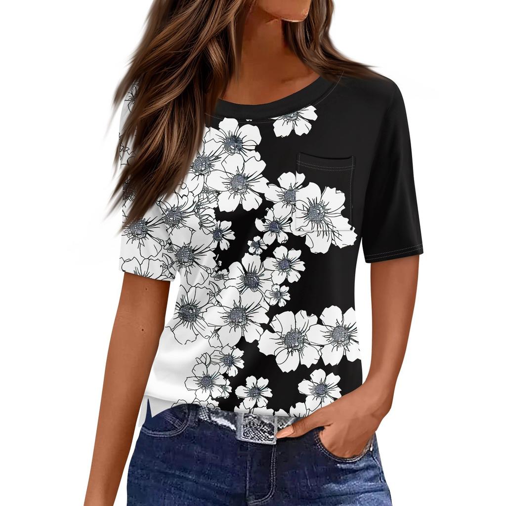 T-shirts för kvinnor rund hals uppklädd vardaglig blusar tryck kort ärm sommartoppar lös passform