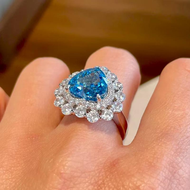 Zhuozhifan Jewelry S925 Sterling Silver Aquamarine Heart & Ice Flower Ring for Women