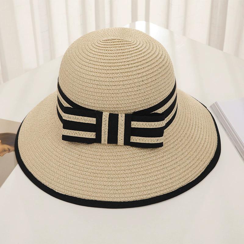 New Women's Summer UV Protection Sweet Ribbon Seaside Vacation Sunshade Bucket Hat Bow Large Brim Straw Hat