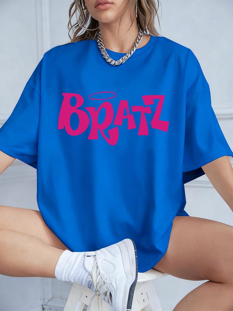 Y2K Pink Bratz Letter Prints Short Sleeve T-Shirts Womens Summer Cotton Tee Shirts Loose O-Neck Comfortable Tops Street Clothes