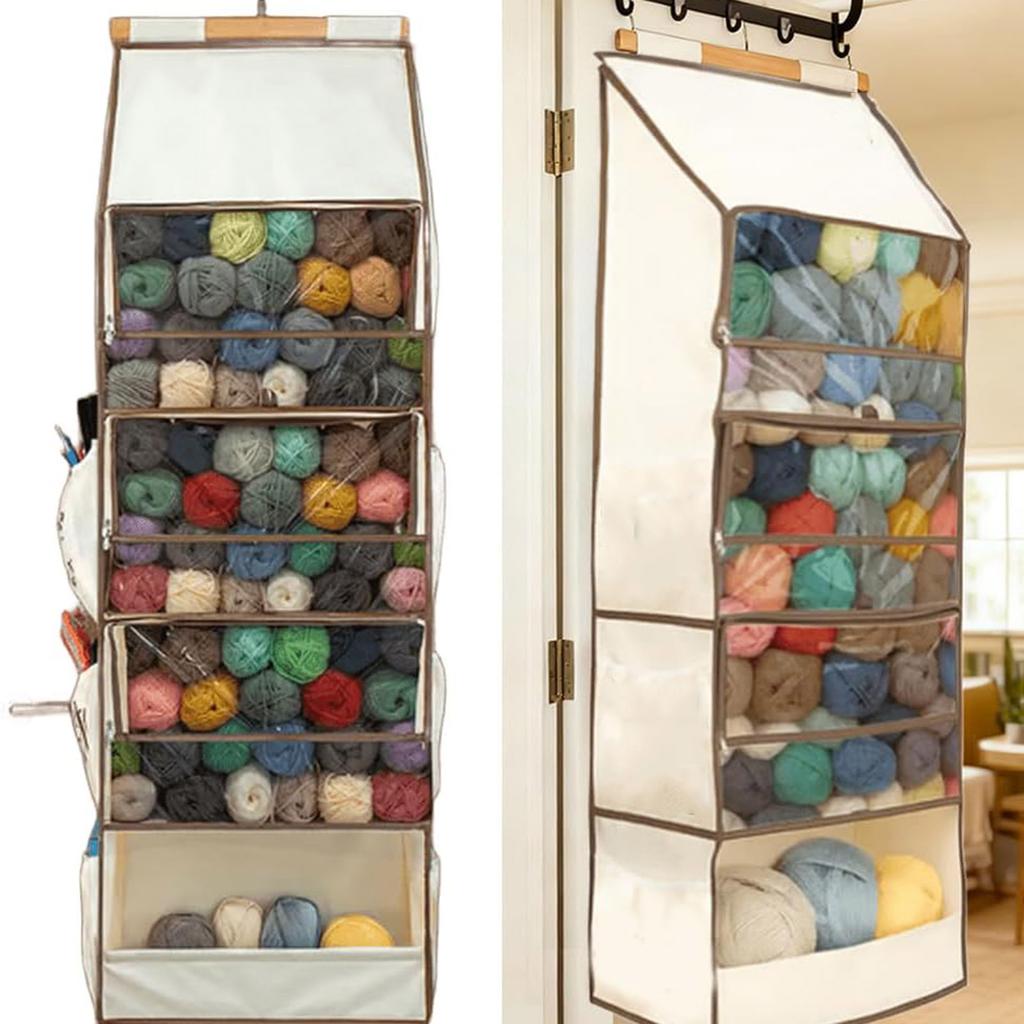 Storage Bag – Large Capacity Hanging Yarn Storage Organizer With 4 Clear Zipper Closure Compartments Pockets & 3 Side Crochet/Knitting Needles Pockets