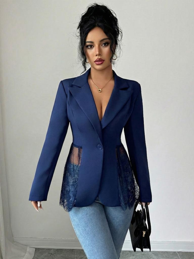 Spring New Arrivals Color Block Lace Waist Slim A-Line Women's Blazer Jacket