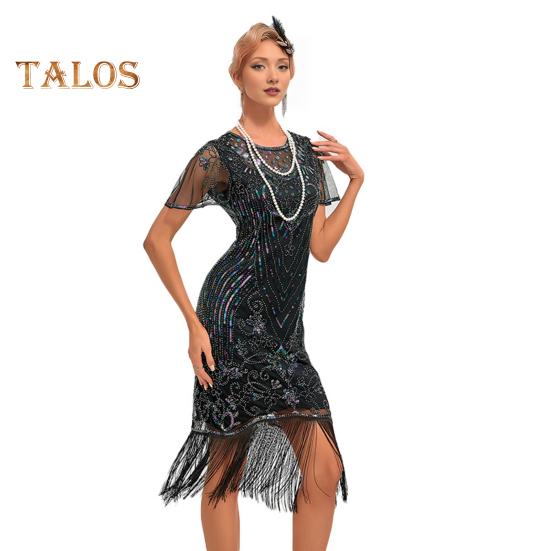 

Женское выпускное платье в винтажном стиле с ажурным кружевом, кисточками и пайетками, прозрачный круглый вырез, короткие рукава, облегающий крой, застежка-молния сзади, коктейльная вечеринка S серебряный