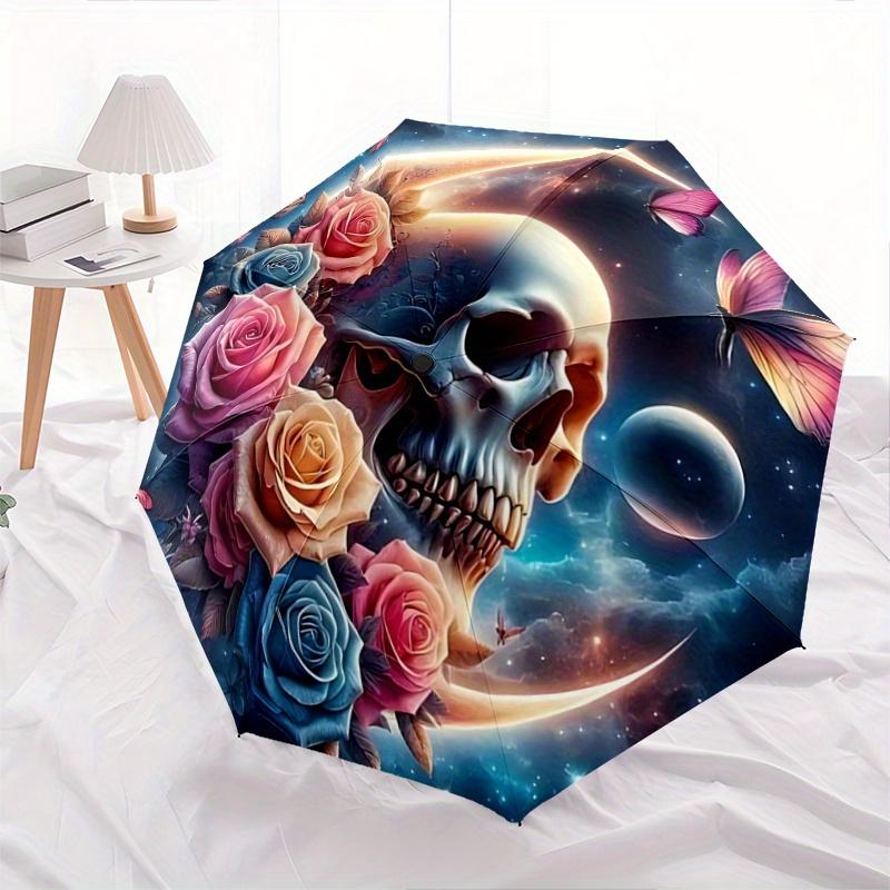 1pc Skull Surrounded by Roses Butterflies and Celestial Moons Automatic 3-Fold Umbrella Design, Cute Cartoon Pattern, Portable Outdoor Umbrella,