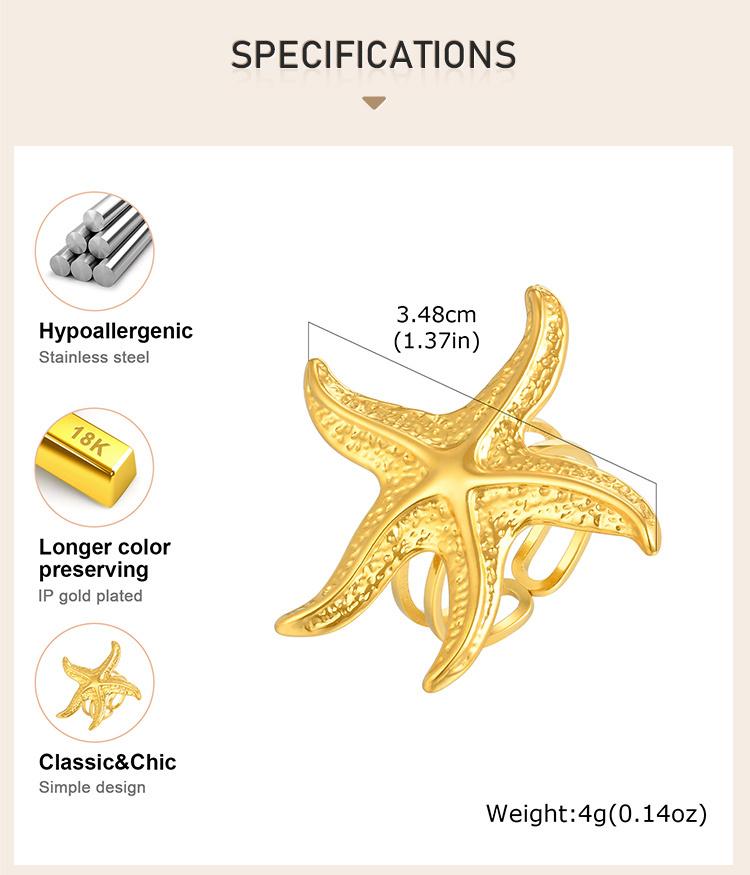 Starfish Open Rings for Women, Stainless Steel Adjustable Ring Beach Sea Ocean Fashion Jewerly Gift