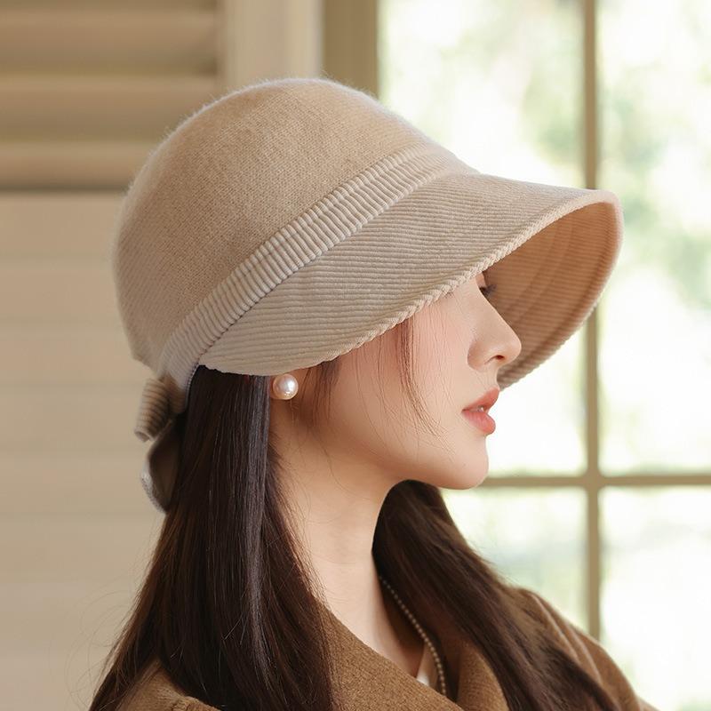 Autumn and Winter Hat Women's Big Brim Showing Face Small Bucket Hat Retro Versatile Yarmulke Hat Bow Basin Hat