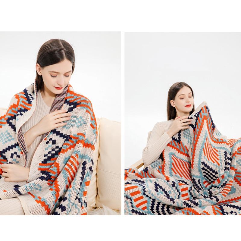 Boho Throw Blanket Ethnic Wave Tassel Knitted Sofa Cover Blanket Window Air Conditioning Blanket Cozy Office Home Napping Blanket