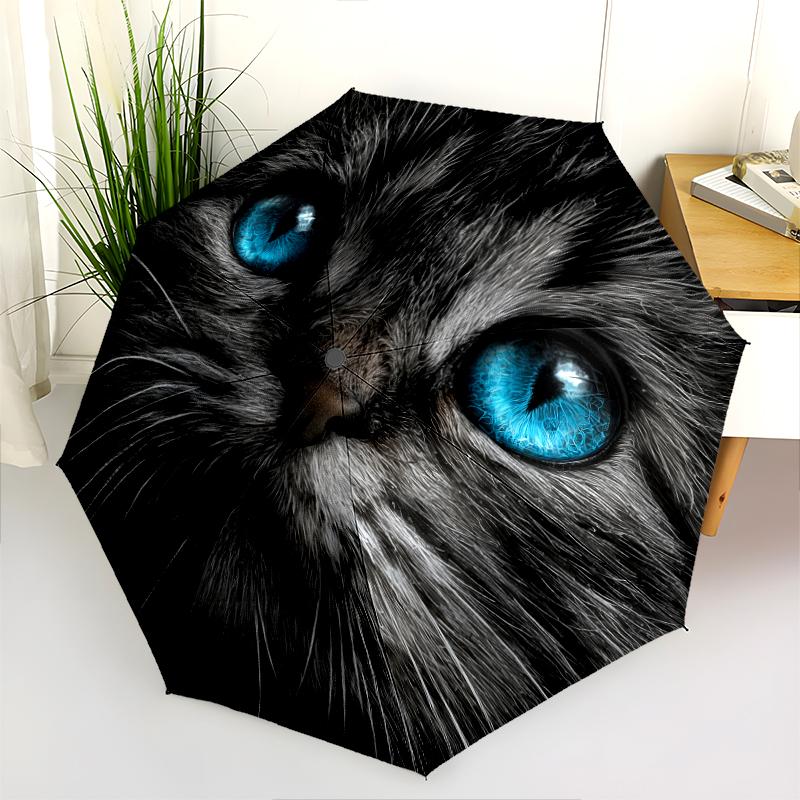 Black Kitten Pattern, Automatic Folding Umbrella, Portable and Foldable Design, 8 Ribs, a Christmas or Birthday Gift.