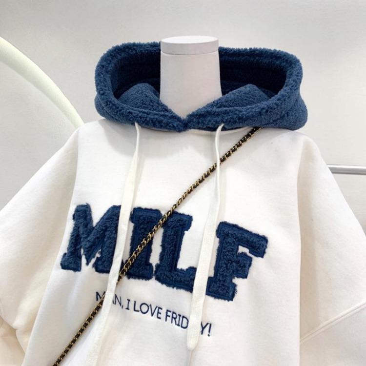 Thickened Padded Women's Loose Hooded Sweatshirt Faux Lamb Flannel Patchwork Clothing