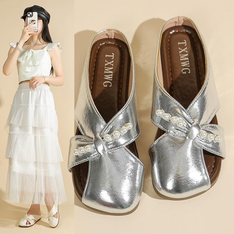 Baotou half slippers women's 2025 summer new outer wear one pedal low heel cool slippers French flat bottom outer wear hollow