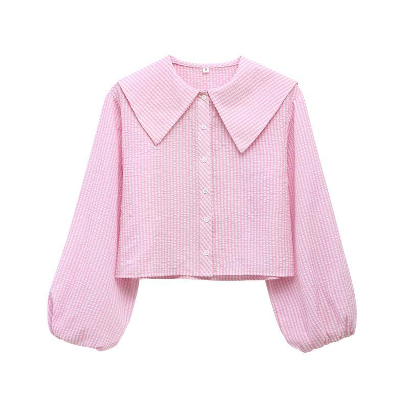 

Kaslead New Arrival Women s Fashion Style Fashion Small round Lapel Gingham Shirt 4661038 046 Pink L