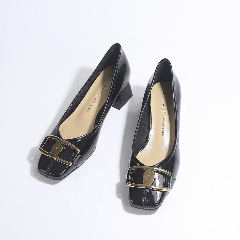 French Retro Sheepskin Patent Leather Square Head High Heels - Women's Two-Way Thick Heels for Autumn