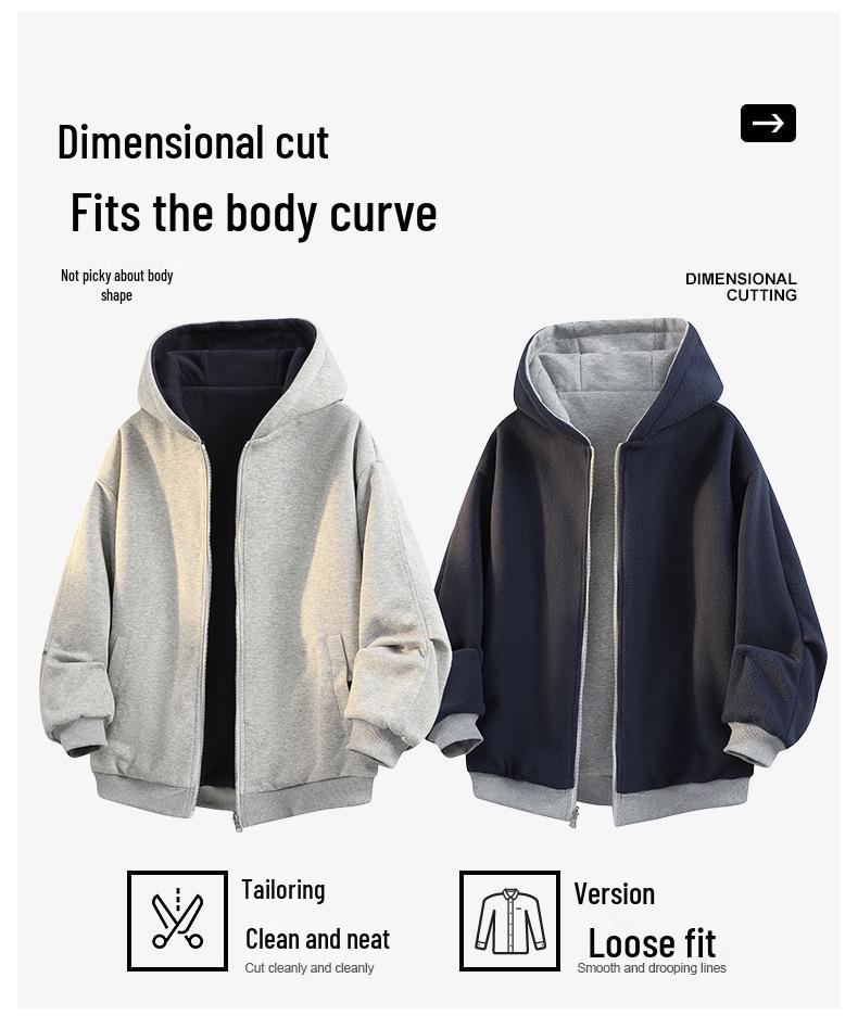 Men's Reversible Trendy Loose Hooded Jacket, Black/Light Gray, Spring/Autumn Casual Sportswear.