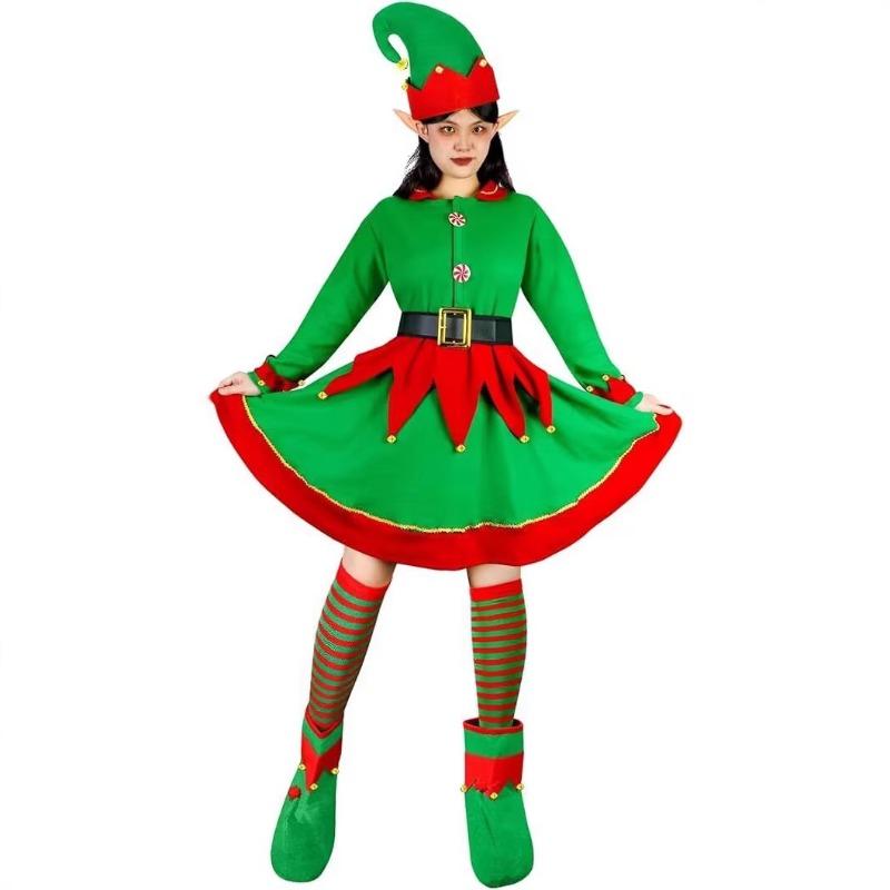 Children's Christmas Costume Women's Dress Set Men's and Women's Adult Green Elf Performance Costume
