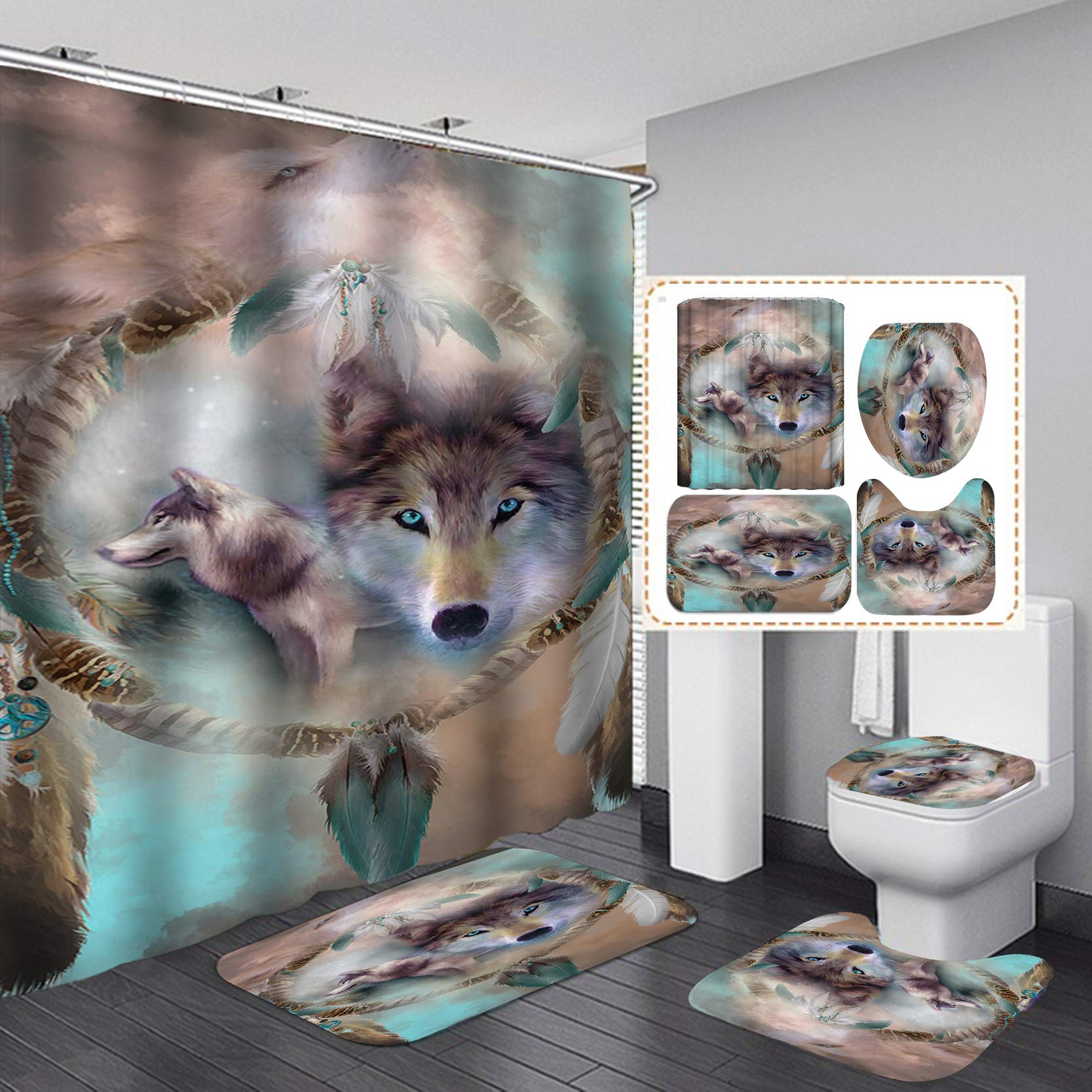 

Mysterious Wolf Moon Shower Curtain Sets Rugs Toilet Lid Cover Bath Mat Waterproof Wild Animal Bathroom Shower Curtain Set Decor W60H190(CM)-1 Pcs