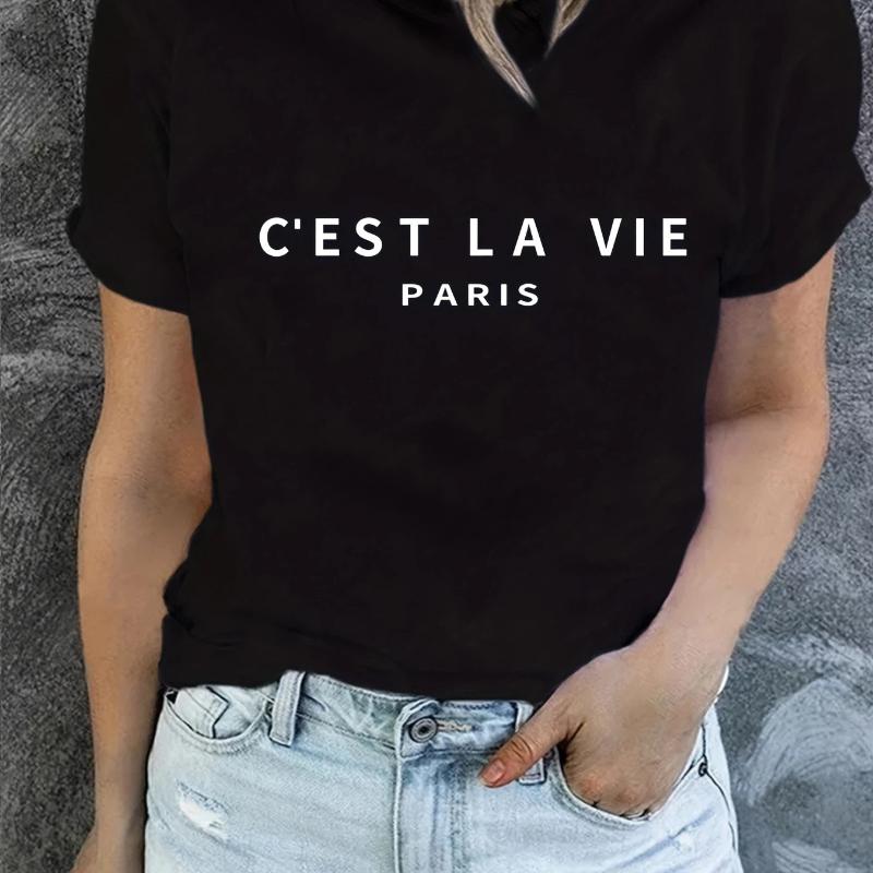 Paris Print Rundhals-T-Shirt, Lässiges Kurzarm-T-Shirt für Frühling & Sommer, Damenbekleidung