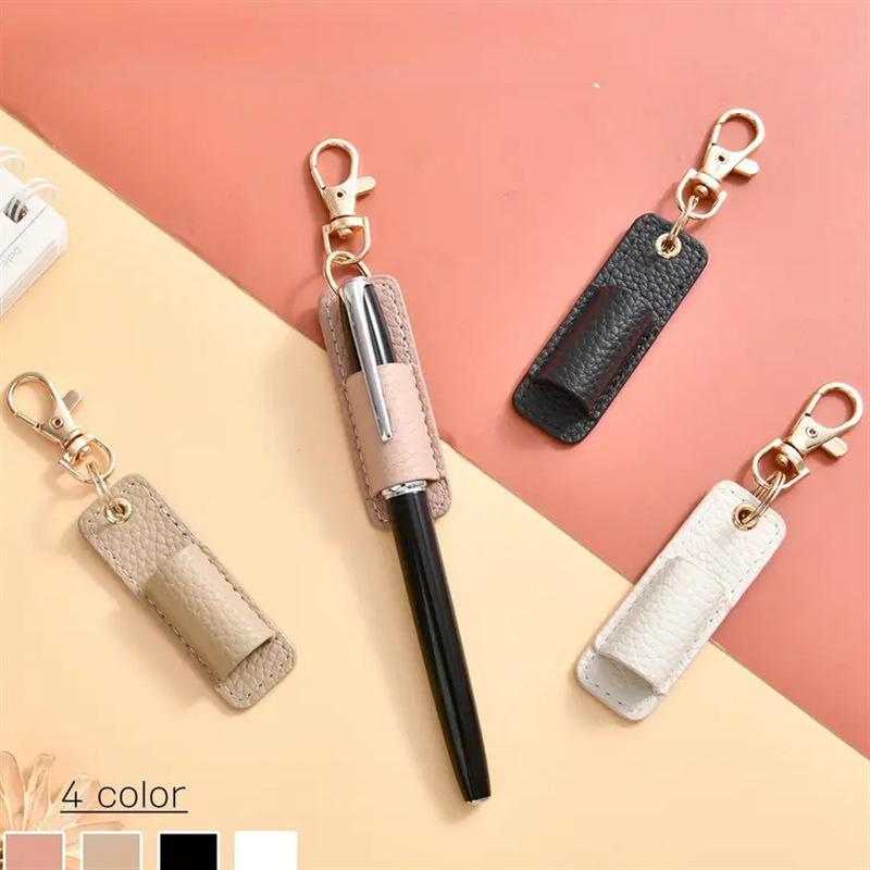 Creative Pen Holders Portable Pu Leather Pen Pouch With Keychain Pen Case Pocket Clip Home And Office Storage Supplies