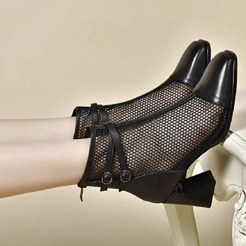 2026 Summer Fashion Women's Hollow-out Mesh Short Boots - Patent Leather Pointed Toe Chunky Heel Breathable Shoes