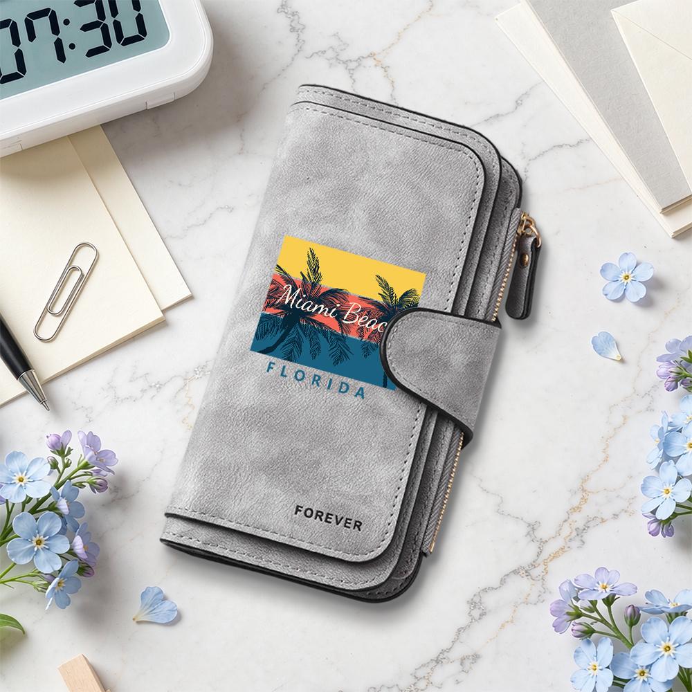Stylish Women Leisure Long Purse Card Holders Miami Beach Printed Portable Multi Slot Money Wallet Fashion Simple Daily Use Small Bag