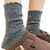Coffee Floral Vintage Wool Socks - Women's Mid-Calf, Thick Warm for Autumn/Winter, Dark Gray Slouch for Snow Boots