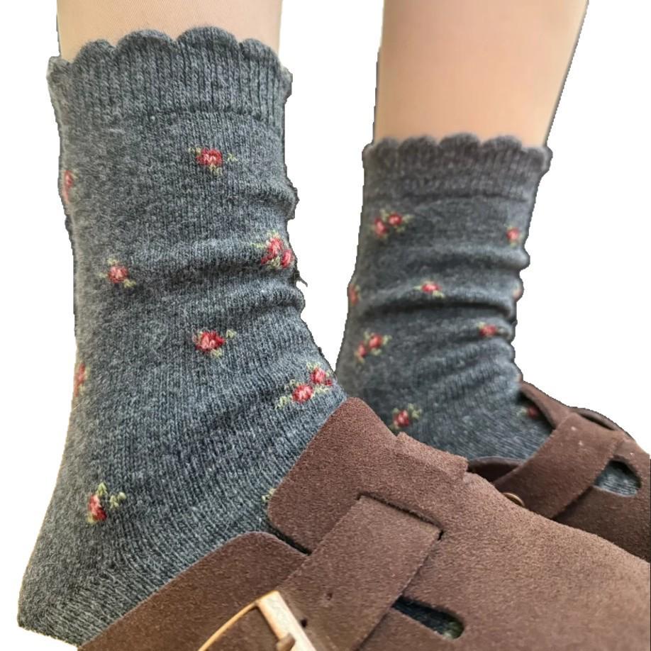 Coffee Floral Vintage Wool Socks - Women's Mid-Calf, Thick Warm for Autumn/Winter, Dark Gray Slouch for Snow Boots