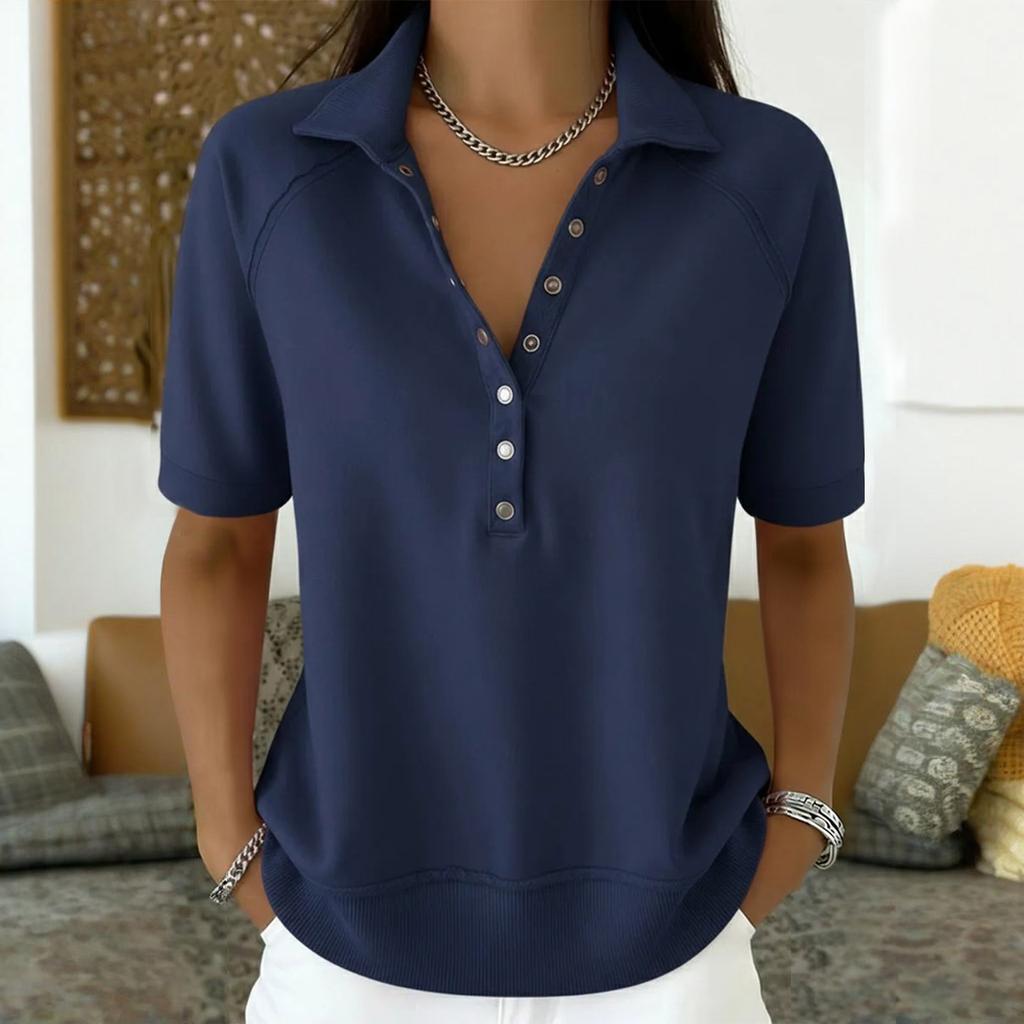 Women’s Loose Fit Vintage Style Short Sleeve Shirt with Turn Down Collar and Six Button Front Casual Literary Design