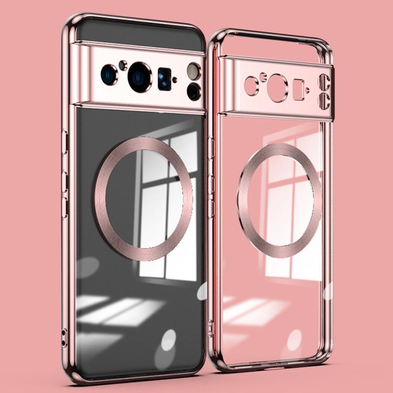 

Для Google Pixel 8 Pro Магнитный чехол с гальваническим покрытием TPU Прозрачная накладка со встроенной защитой объектива Rose Gold