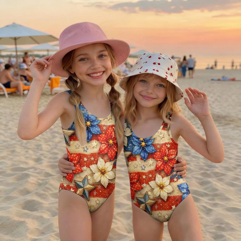Mädchen Badeanzug Einteiler Unabhängigkeitstag Print Ärmellos Lässig Badebekleidung für Kinder Sommer Strand Pool Kleidung