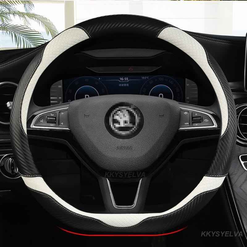 Carbon Faser Leder 38CM Auto Lenkrad Abdeckung für Skoda fabia 1 2 octavia 1 2 3 A3 A5 Yeti roomster superb Auto Zubehör