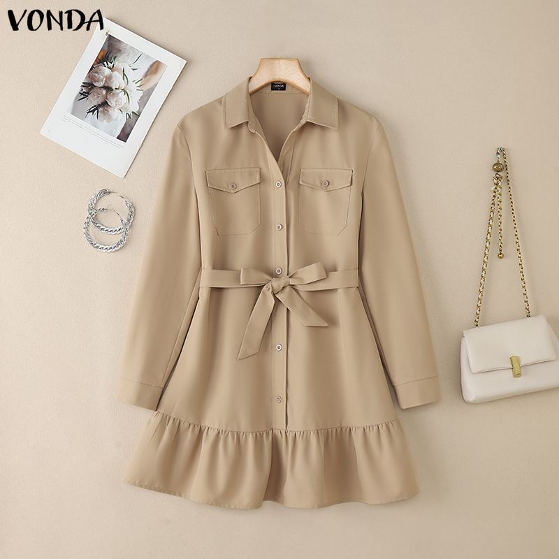 

VONDA Женское повседневное мини-платье с лацканами, длинными рукавами, поясом на талии и оборками M хаки