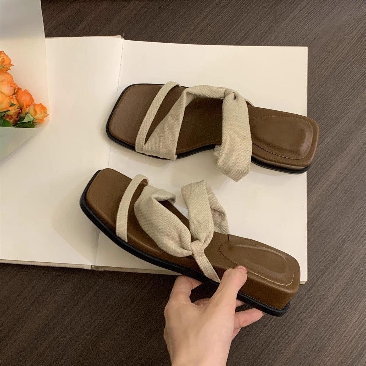 

Holiday style linen slope heel slippers female outer wear summer new retro fairy with skirt thick bottom one word cool slippers 35