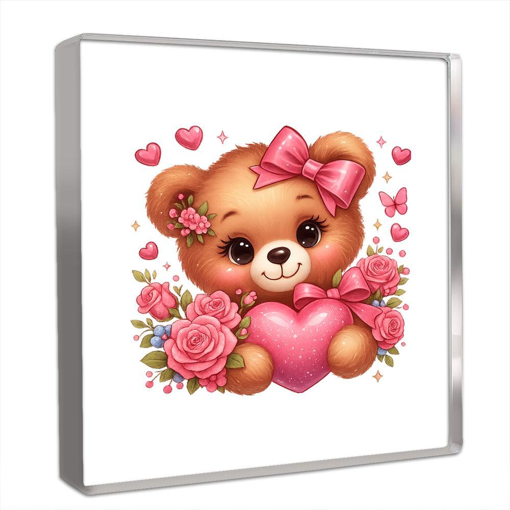 Cute Bear Figurine with Pink Heart & Roses - Collectible Desk Decor, Adorable Kawaii Gift for Women, Office & Bedroom Decoration 10*10cm