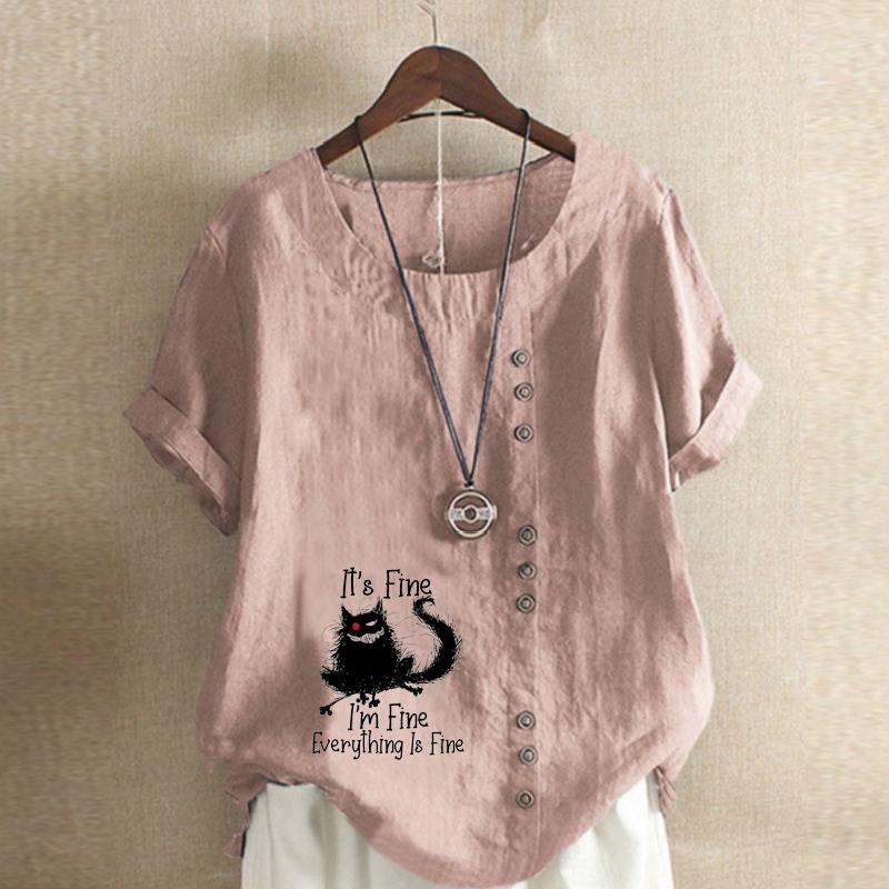 Women's Fashion Black Cat Prined Short Sleeve T-shirt Loose Cotton Shirt Casual Loose Summer Blouse Tops Plus Size