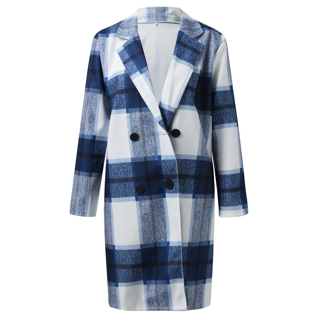 Women's Medium Plaid Double Breasted Long Sleeves Pocketless Coat Outwear