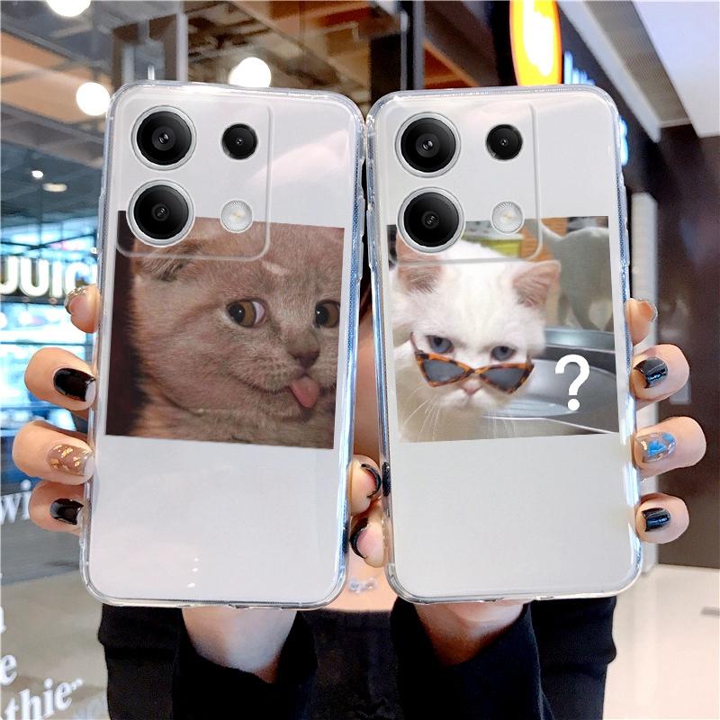 Funny Cat Patterned Soft Silicone Clear Case For Xiaomi Redmi Note 13 Pro 13C Samsung A55 A54 A34 S24 M35 iPhone 15 Camera Protective Shockproof Cover