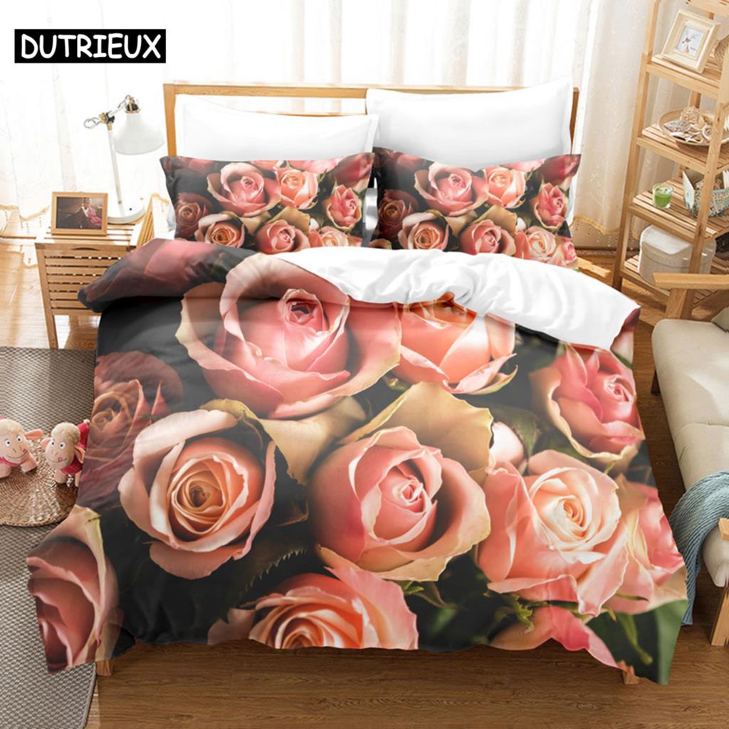 Pink Flower Duvet Cover and Pillowcases Set King Size 220x240 Double Bed Single 3D Queen Bedding Sets Pink Full Twin Quilt Linen
