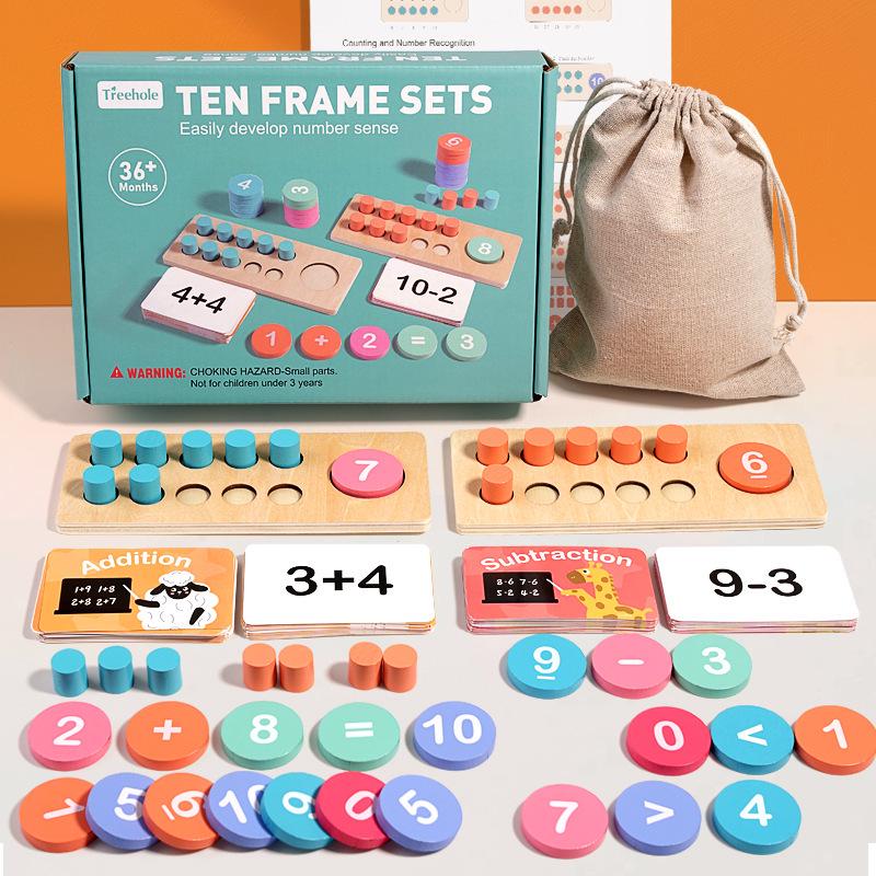 Wooden Ten-Frame Math Toy for Kindergarten Arithmetic Learning