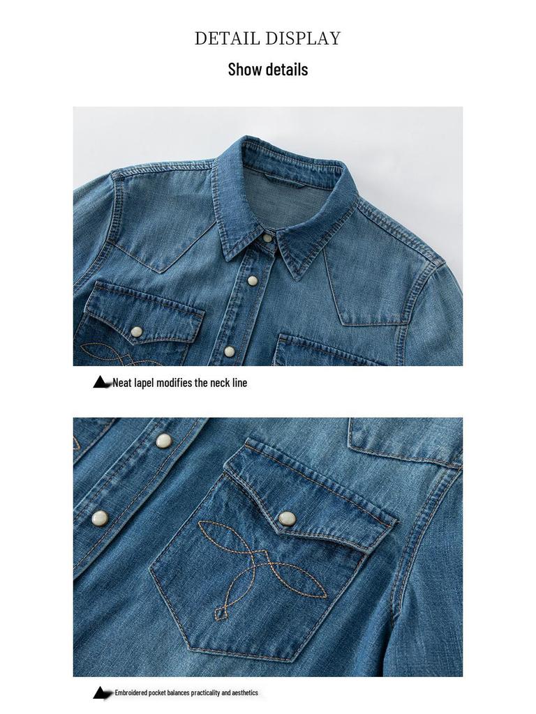 Yi Fei Women's Loose Casual Denim Shirt, Slimming Versatile Long Sleeve Retro Jacket - 2026 Spring Collection