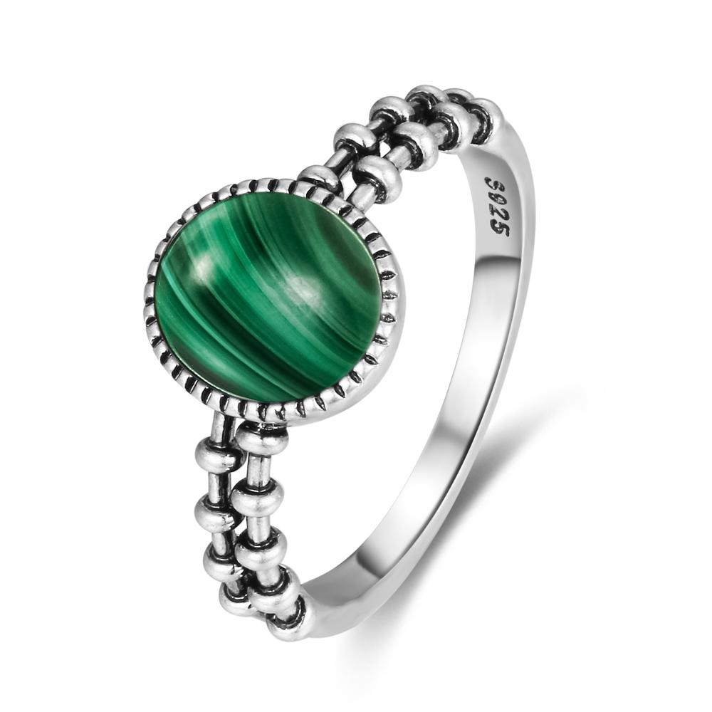 Vintage S925 Silver Ring Oval Round Natural Malachite Ring Sun And Flower Shaped Retro Fine Jewelry For Women Men