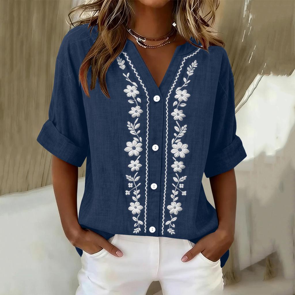 Women's Long Sleeve Button Down Blouse - Color Round Neck with Embroidery, Casual and Daily Wear Top for Women