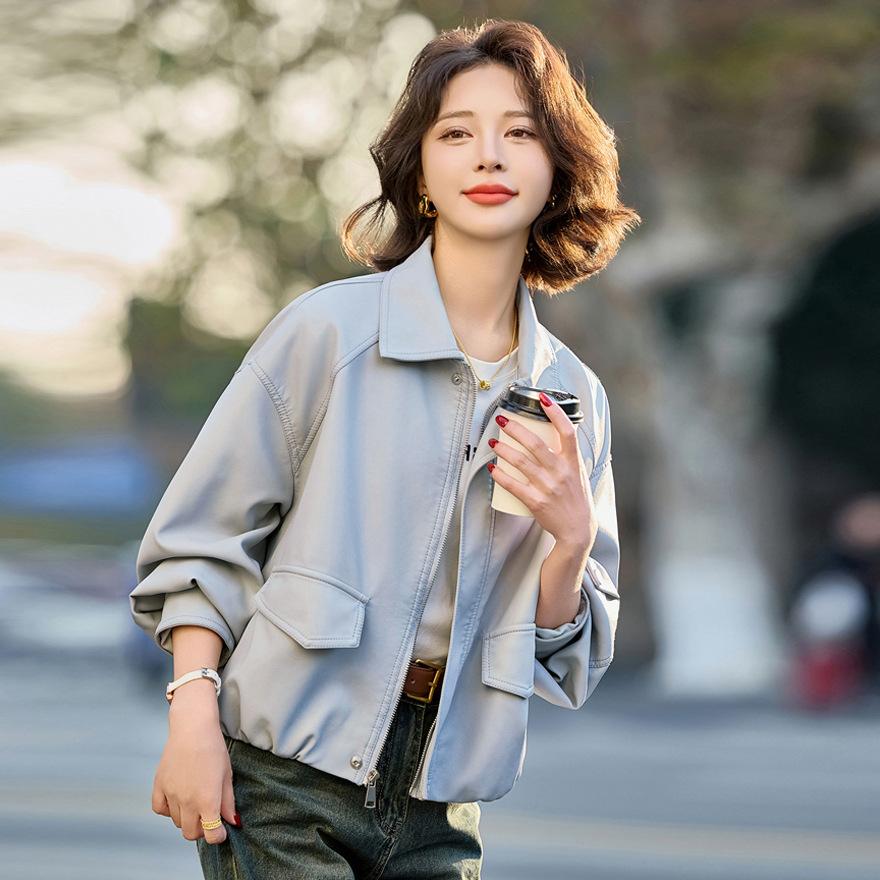 

Маленькая кожаная куртка женская весна и осень новая популярная взрывная версия локомотивная короткая черная куртка тренд L синий