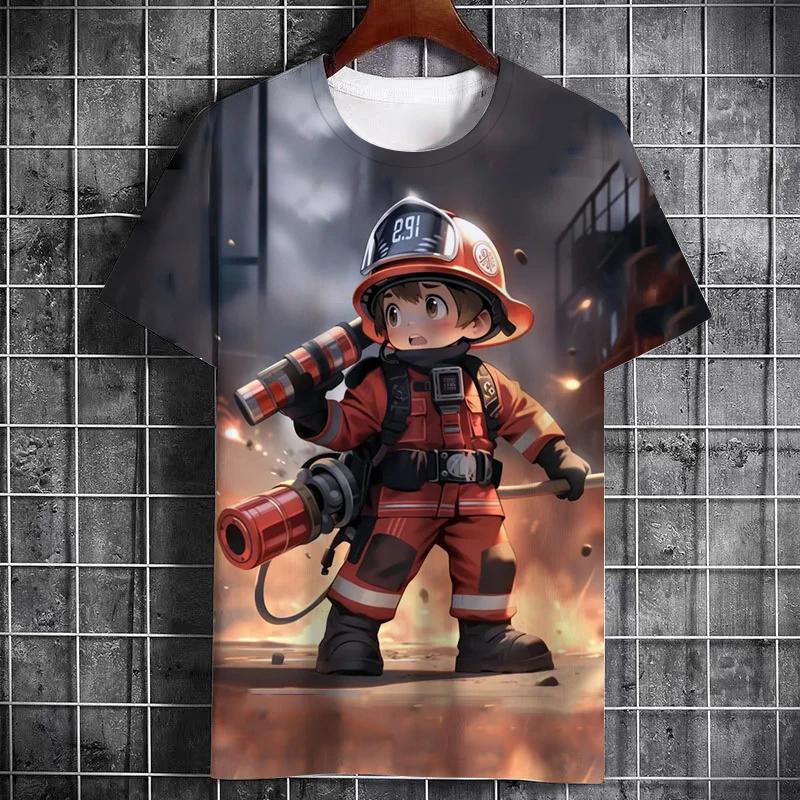 

Новая летняя футболка для мальчиков с рисунком из мультфильма «Пожарный», с круглым вырезом, удобная повседневная модная, с коротким рукавом 6XL