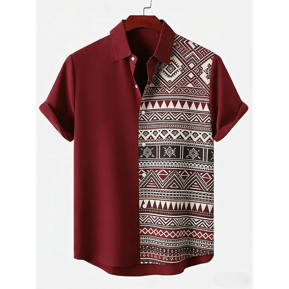 Herren Neu Leinen Ethnisch Stammesstil 3D Gedrucktes Hemd Hawaiianisch Tropisch Atmungsaktiv Bequem Kurzärmelig Revers Kleidung Herren