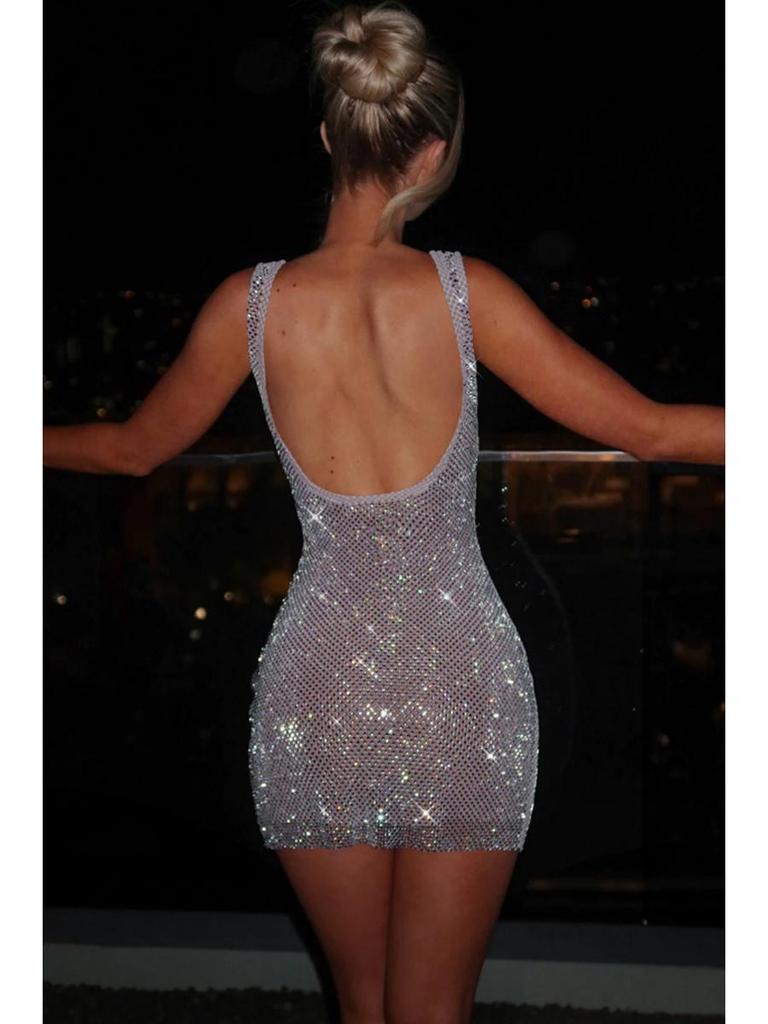 Women's Winter 2024 Rhinestone Backless Dress with Spaghetti Straps - Solid Color, Sexy & Sleeveless, Waist-Hugging Design